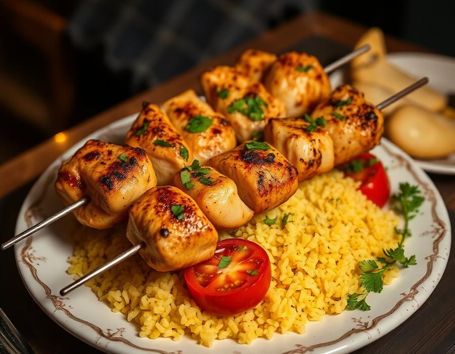 Chicken kabob skewers over saffron rice
