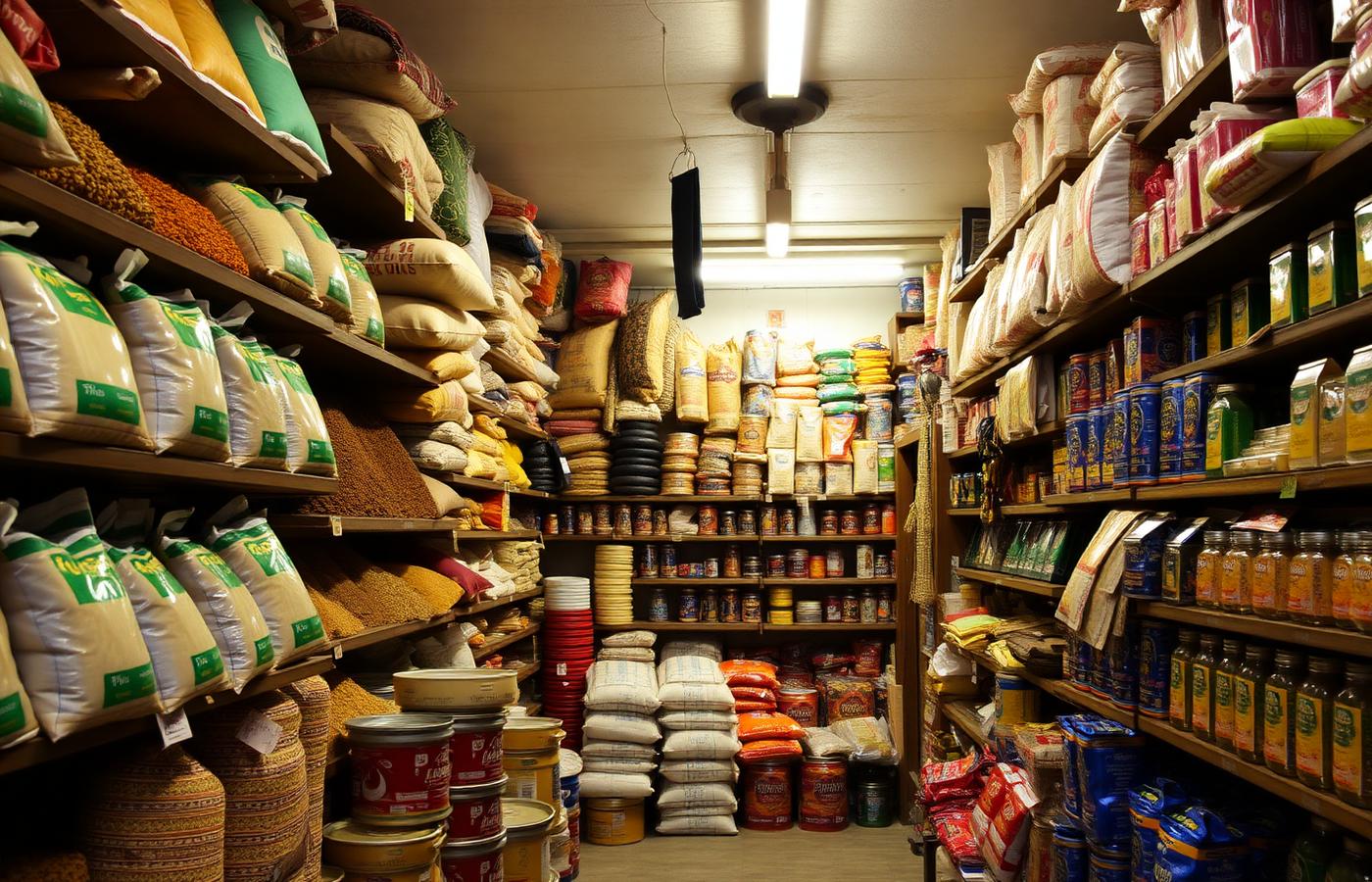 Afghan grocery market interior with spices, rice, and traditional goods