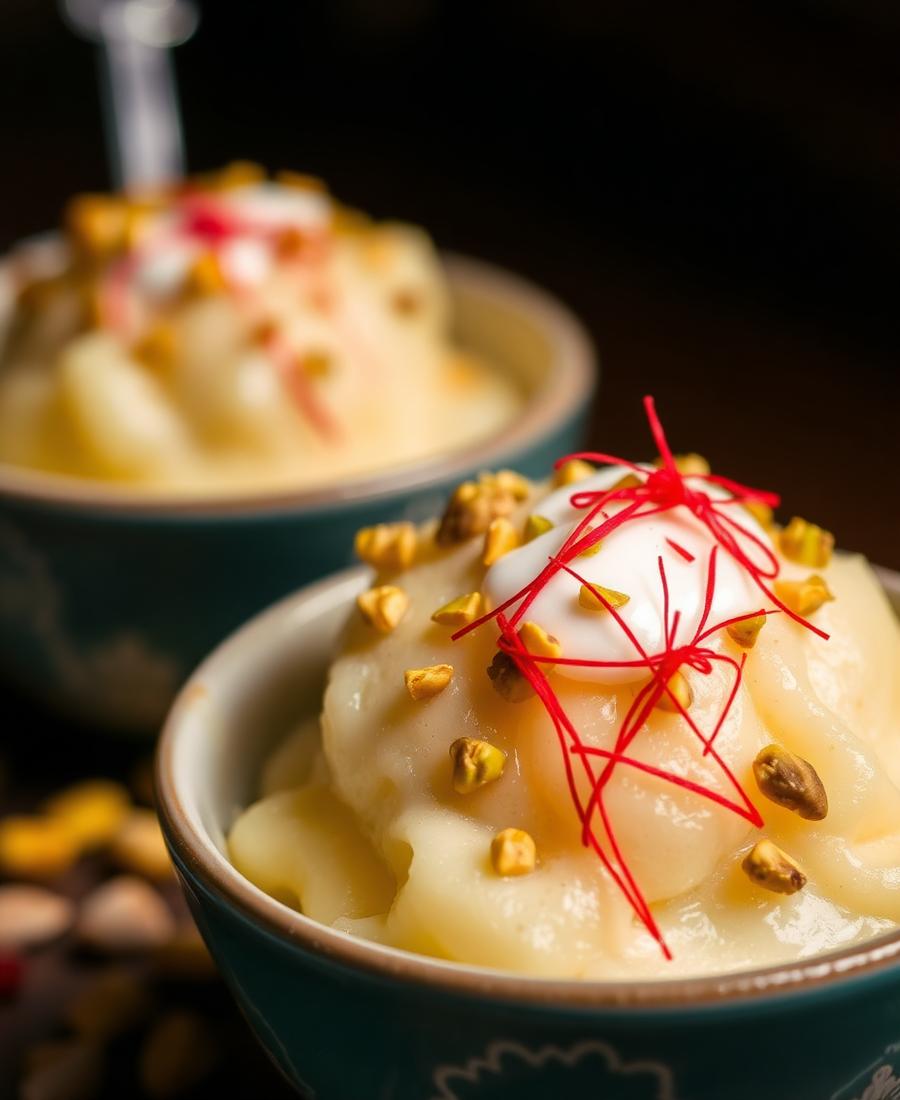 Two bowls of Afghan sheer yakh topped with pistachios, kaymak, and saffron threads